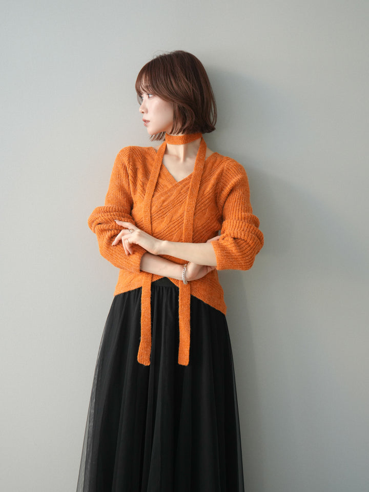 [予約]ケーブル編みクロスニットトップス/orange