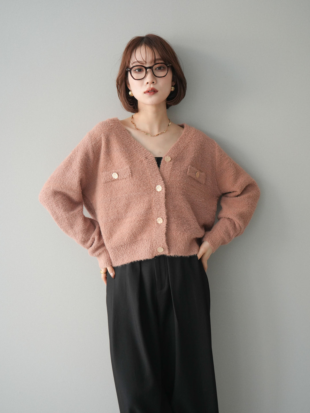 [予約]ゴールドボタンモールニットカーディガン/beige
