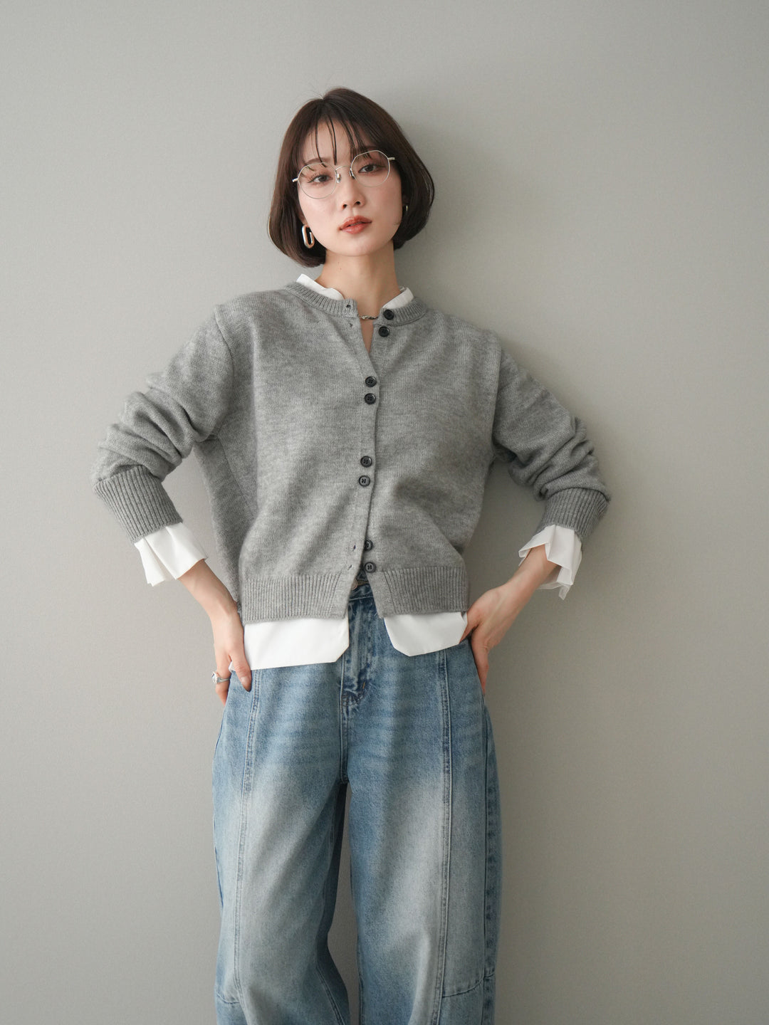 [SET]布帛ドッキングニットカーディガン+ガーメントウォッシュカーブデニムパンツ(2set)