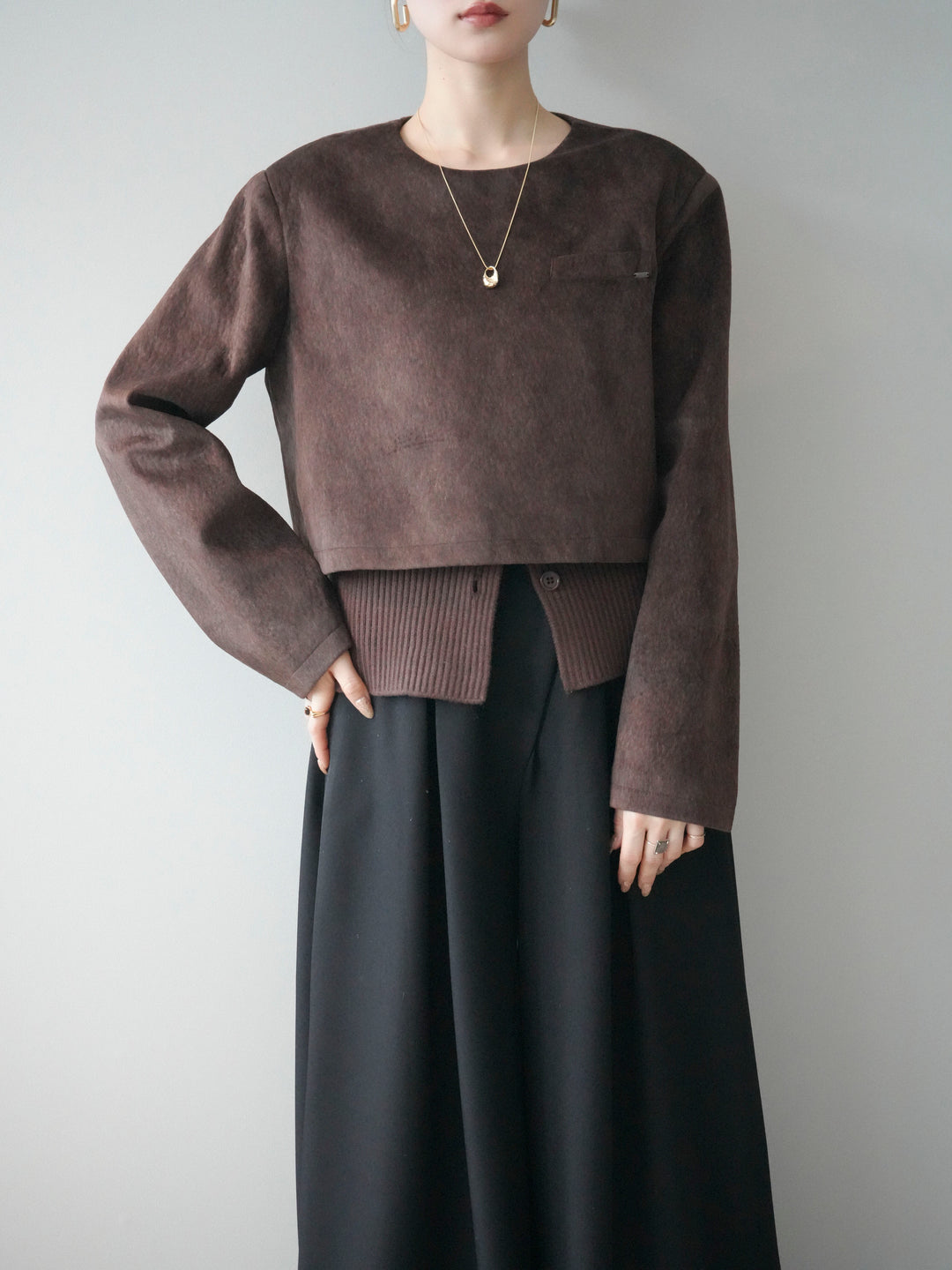 [予約]リブニットレイヤードスエードプルオーバー/brown