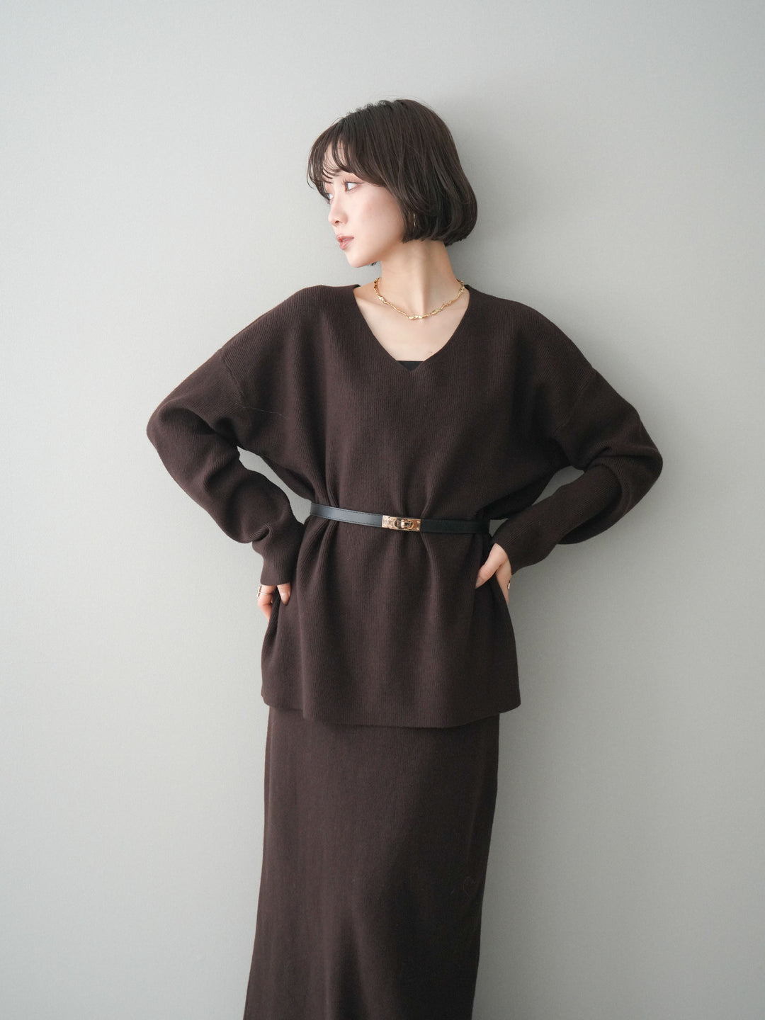 [SET]ベルト付Vネックニット＆スカートSET UP(2set)