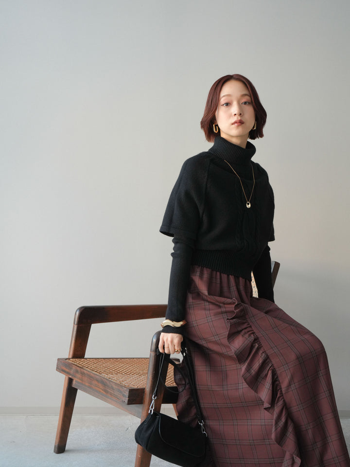 [予約]ケーブル編みタートルハーフスリーブニットアンサンブル/black