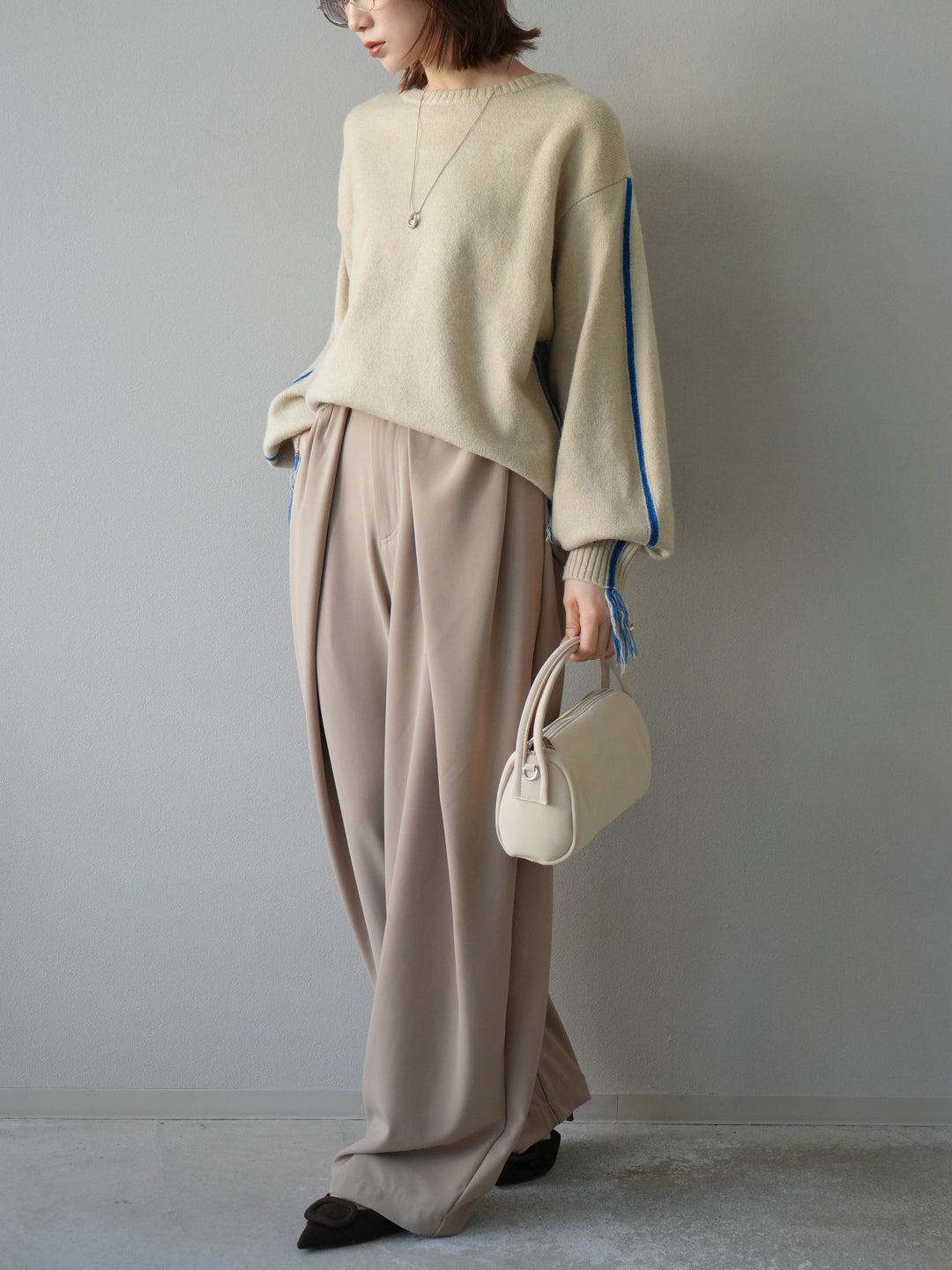 [予約]配色ステッチフリンジニットプルオーバー /アイボリー