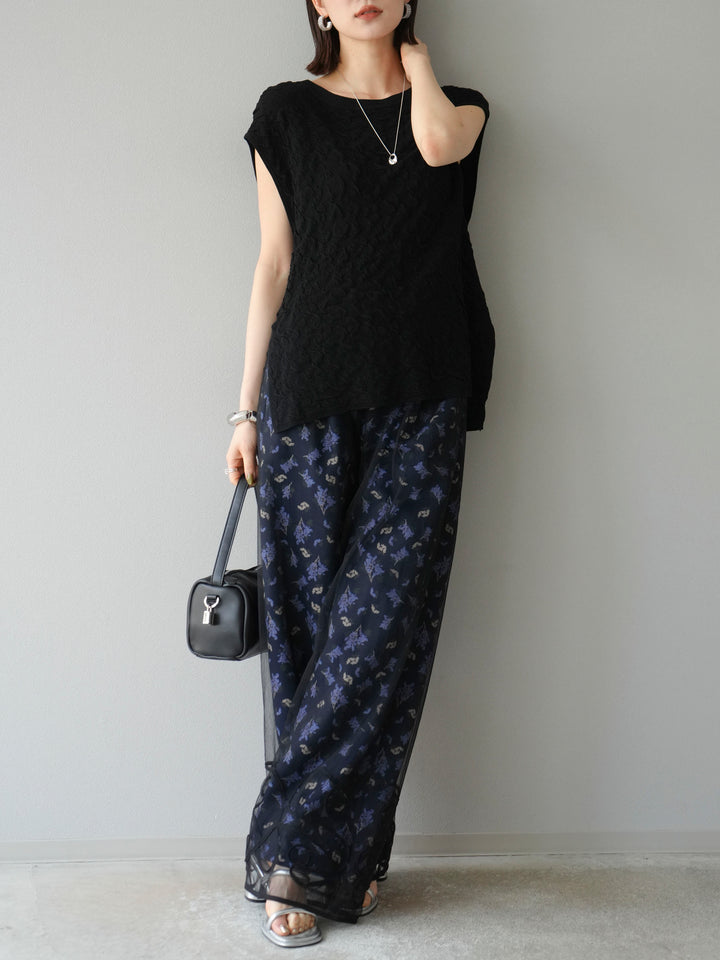 [SET]コード刺繍チュールレイヤードパンツ+ブーケプリントタックパンツ(2set)