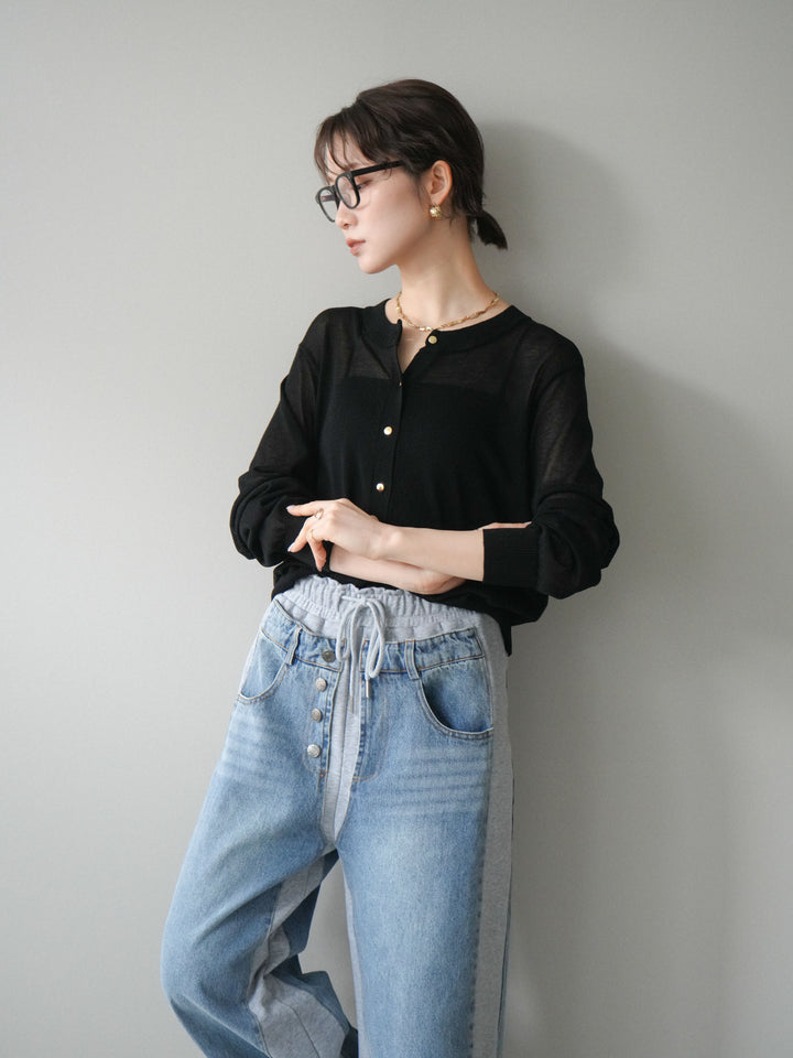 [予約]ゴールドボタンシアーニットカーディガン/black