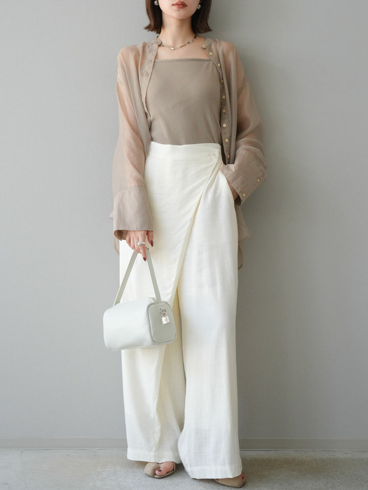 【預購】淺亞麻不對稱寬褲/可脫
