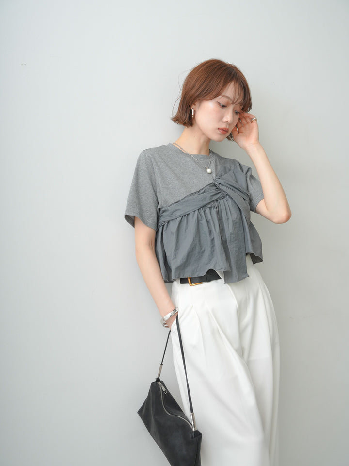 [SET]ナイロンドッキングツイストTEE +アシンメトリーベルトタックワイドパンツ(2set)