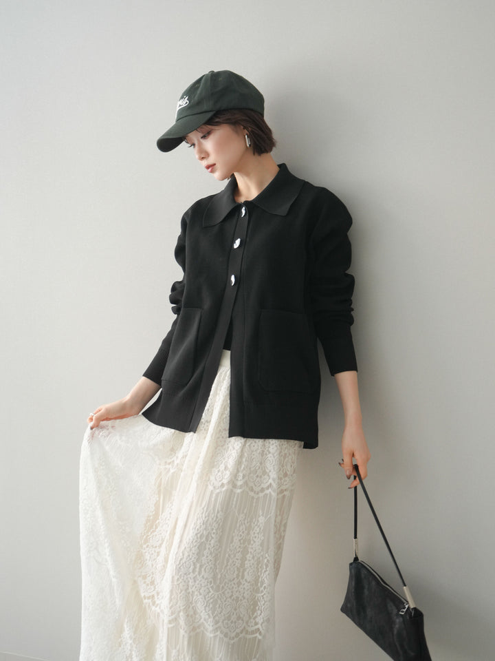 [予約]メタルボタン襟付きポリエステルニットカーディガン/black