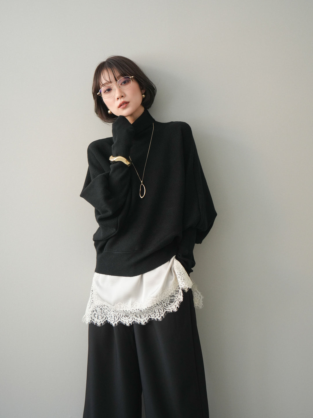 [予約]ボリュームドルマンタートルニットプルオーバー/black