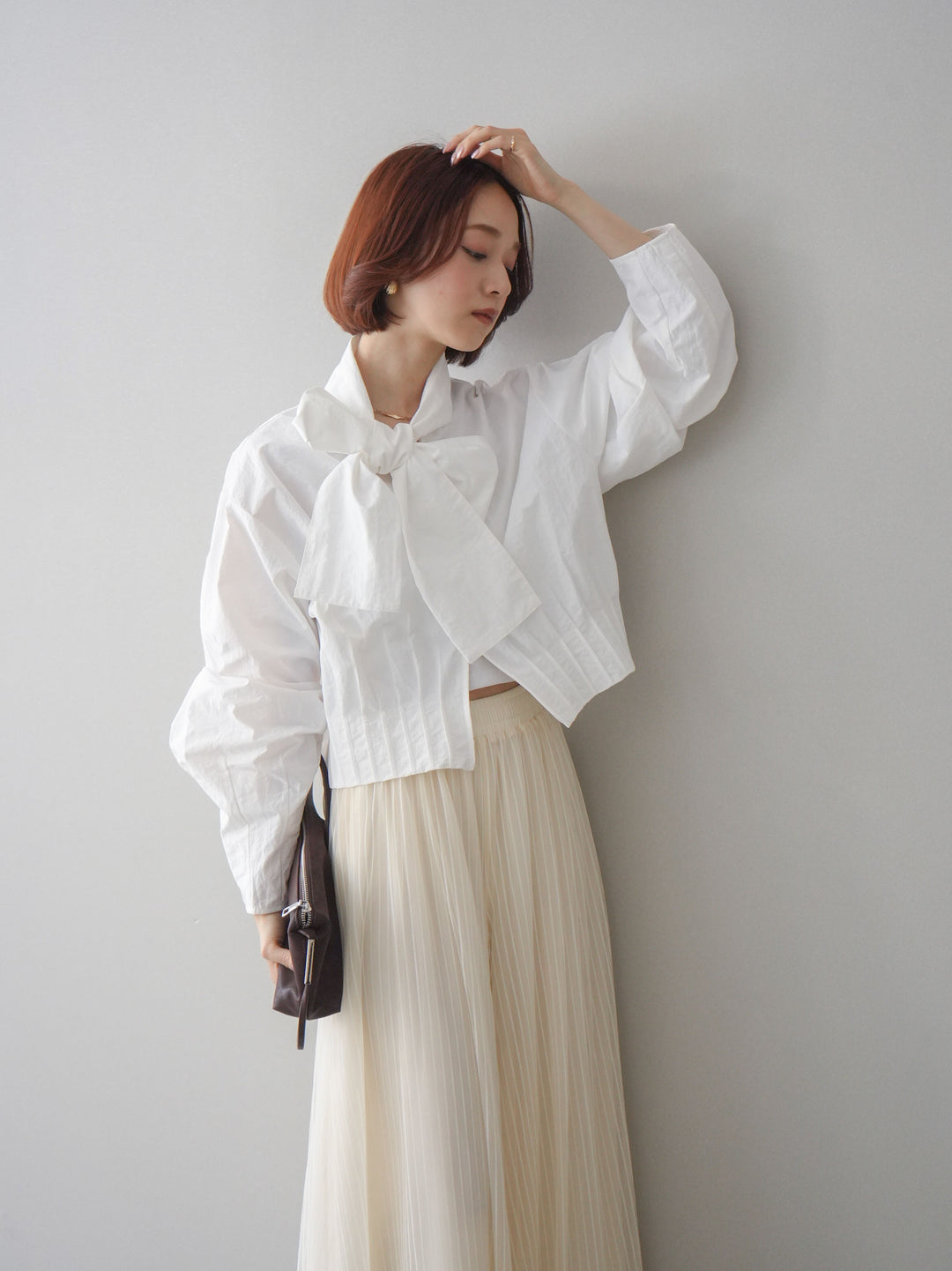 [SET]ボウタイ裾プリーツライトジャケット+ストライプチュールボリュームバギーパンツ(2set)