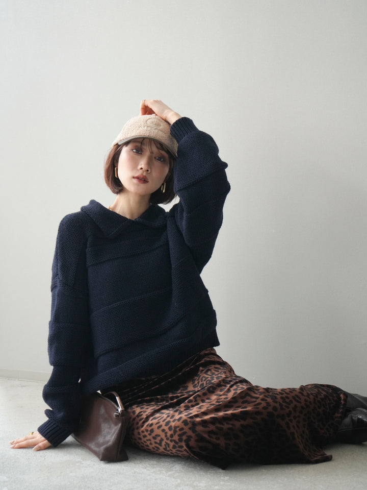 [予約]襟付きボーダー編みニットプルオーバー/navy