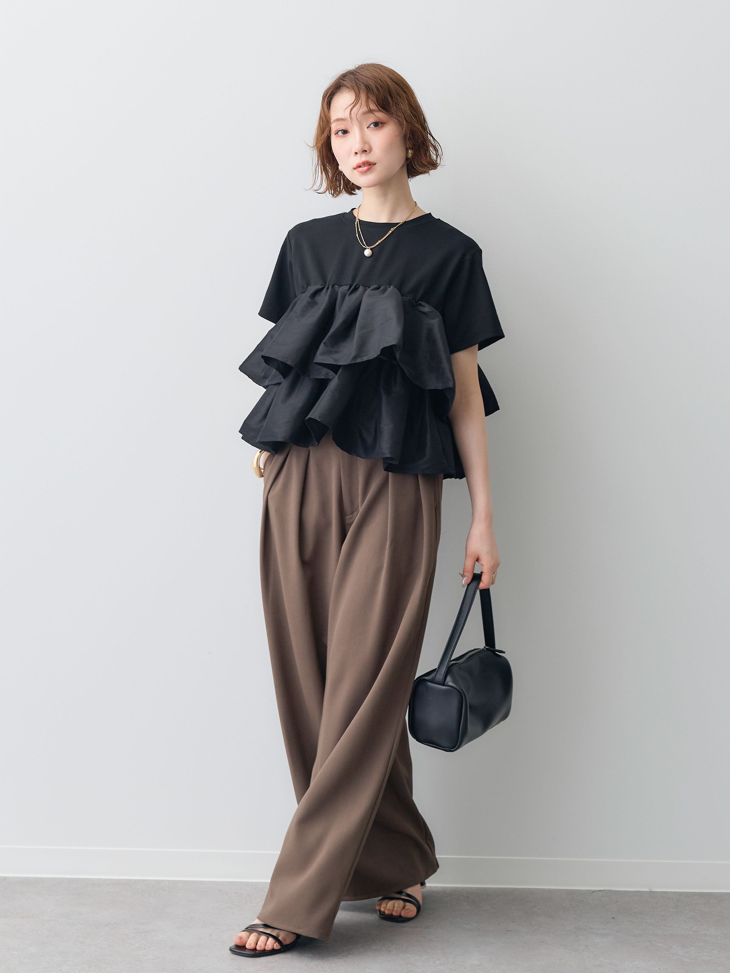 SET]フリルティアードTEE+クレープデシンタックワイドパンツ(2set