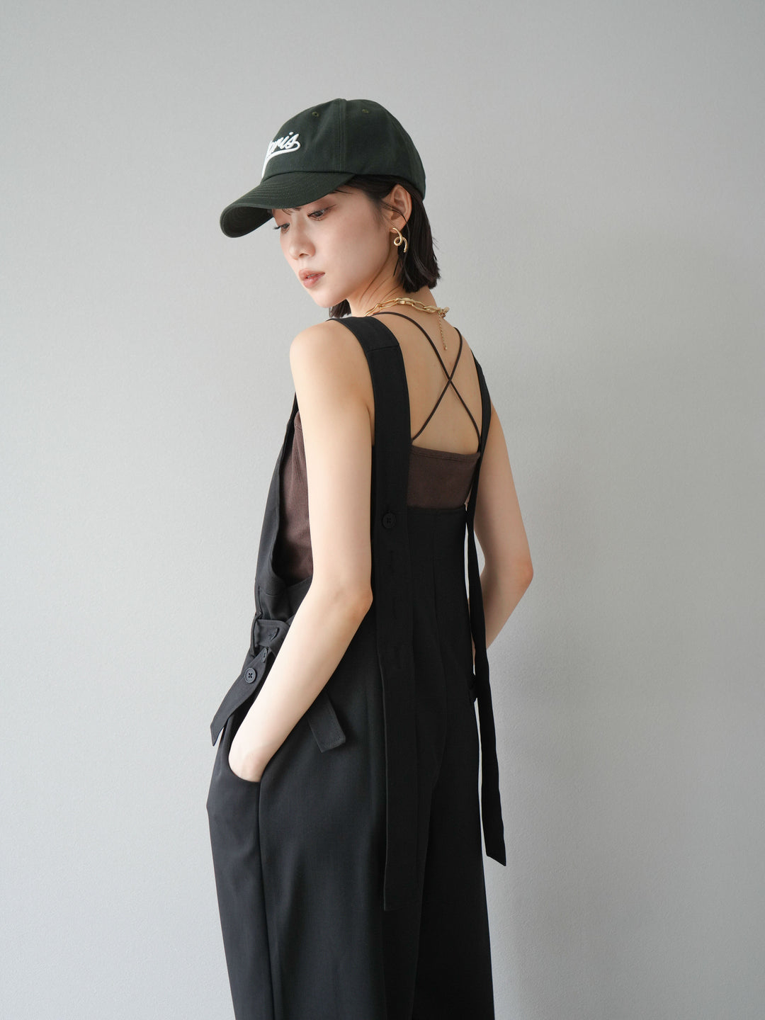 【預購】皮帶設計工裝褲/黑色