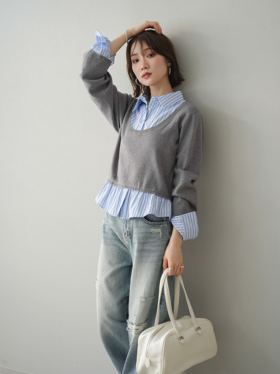 [予約]ストライプシャツUネックドッキングニットプルオーバー/graybluestripeA