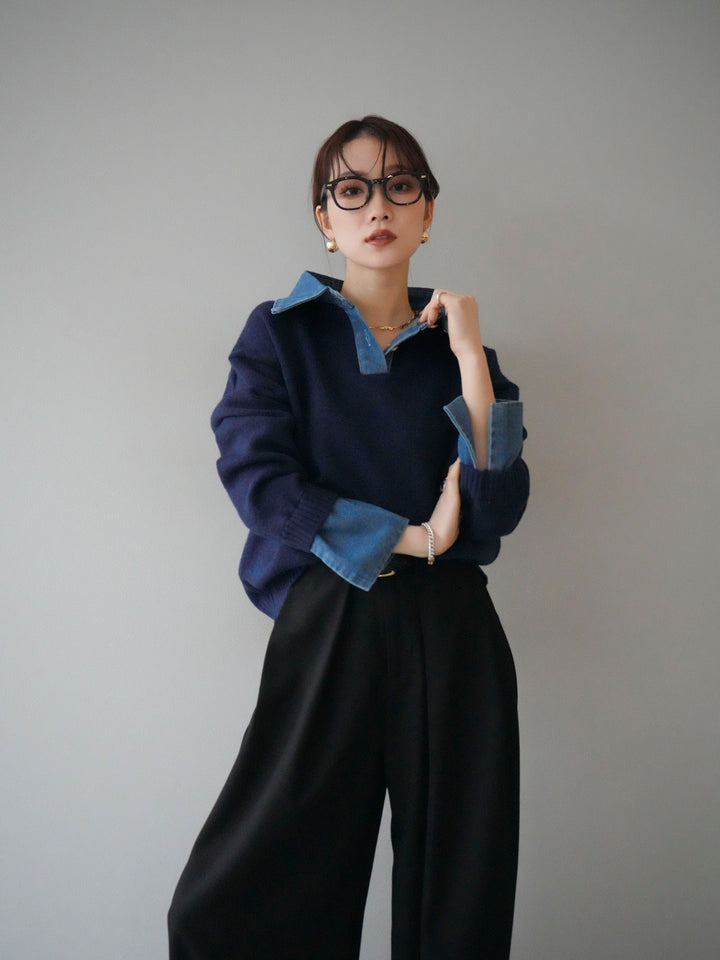 [SET]デニム襟ポロニットプルオーバー+デニム襟ポロニットプルオーバー(2set)