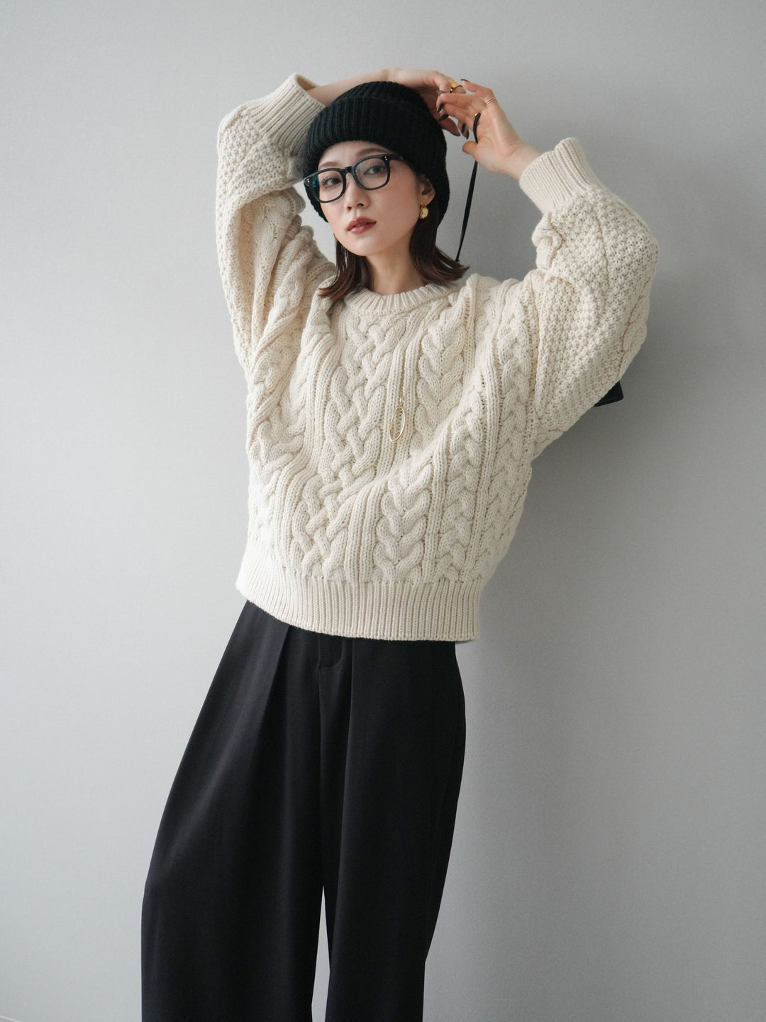 [SET]ボリュームケーブルニットプルオーバー+ベルトループデザインワイドパンツ(2set)