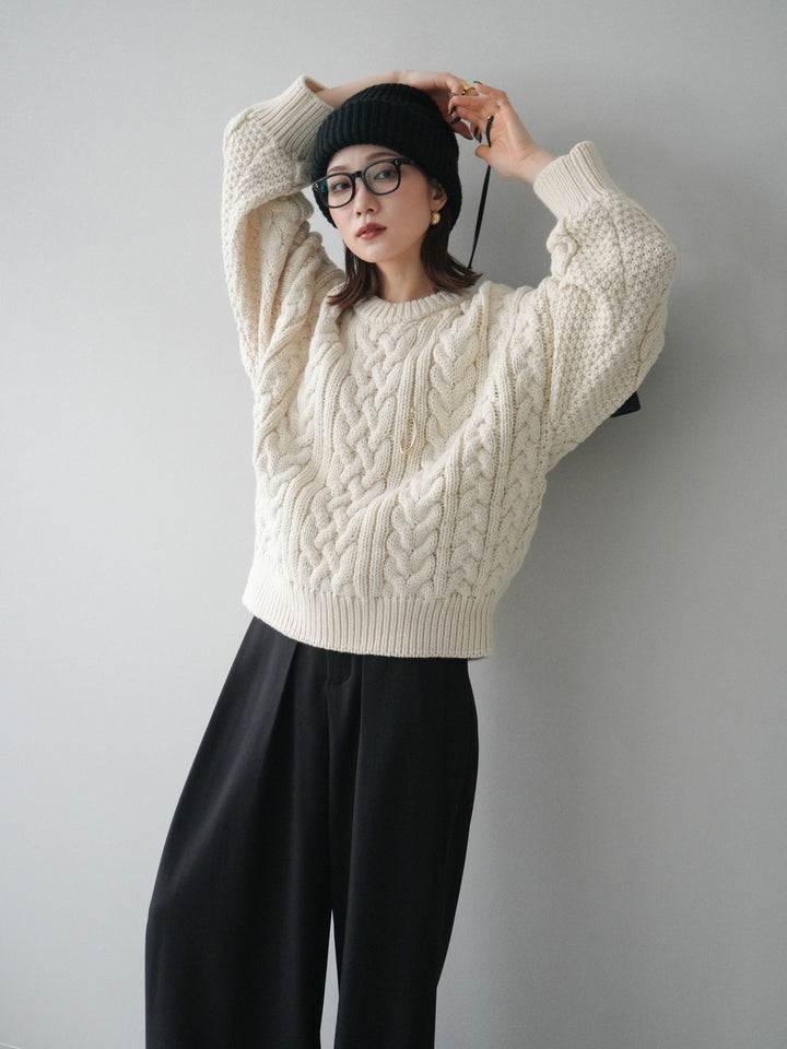 [SET]ボリュームケーブルニットプルオーバー+ベルトループデザインワイドパンツ(2set)