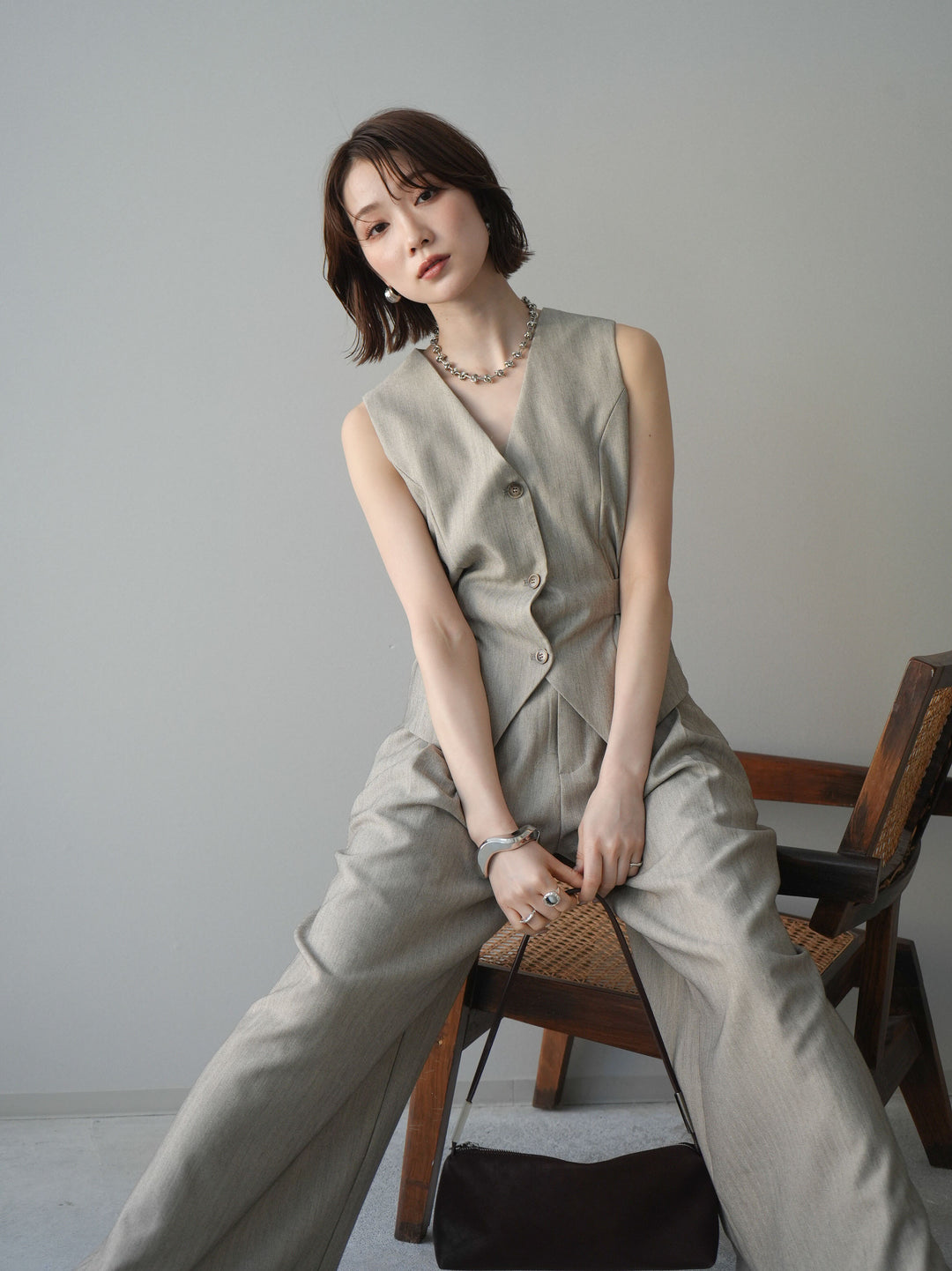 [予約]サイド切替ヘリンボーンベスト/beige