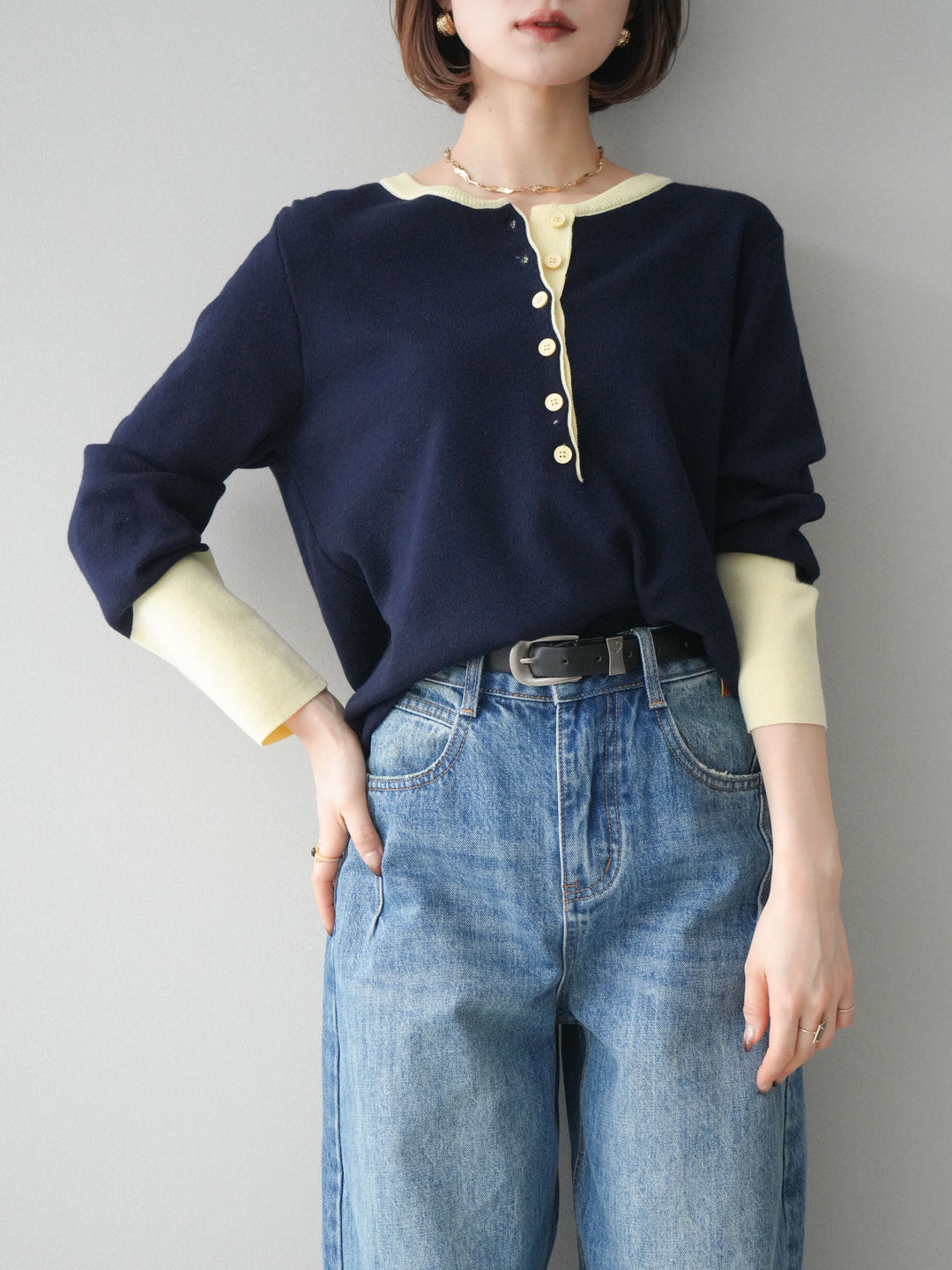 [予約]ヘンリーネック配色ニットソー/navy