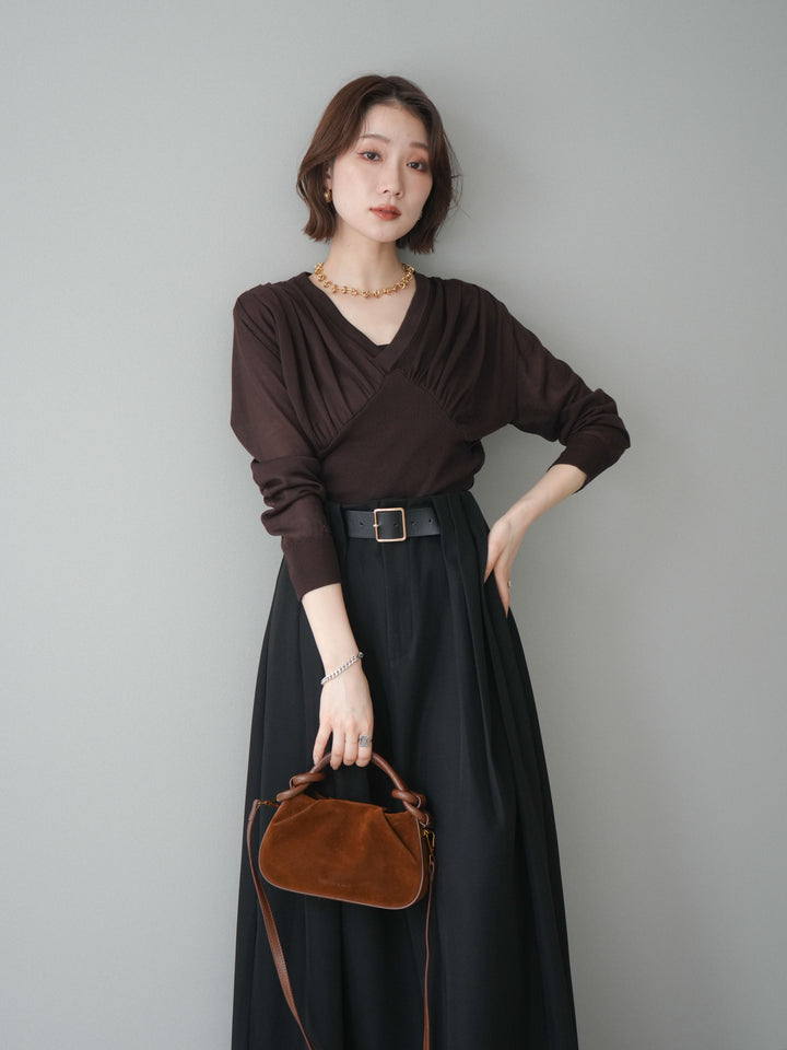 [予約]サイドギャザーVネックニットプルオーバー/brown