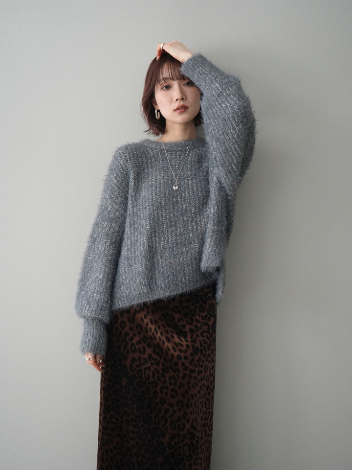 [SET]ボリュームスリーブシャギー MIXニットプルオーバー+レオパードベロアナロースカート(2set)