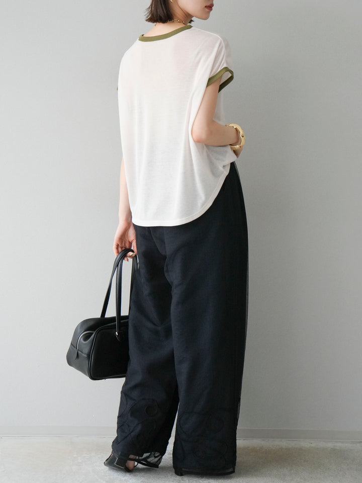 [SET] 繩繡薄紗疊穿褲+麻質寬鬆寬褲（2件組）