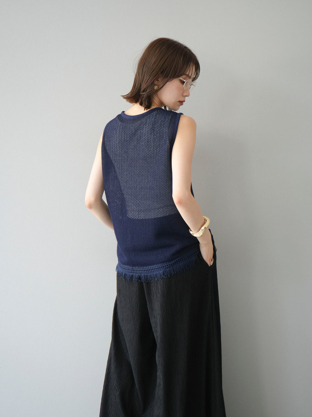 [予約]裾フリンジVネックニットタンクトップアンサンブル/ネイビー