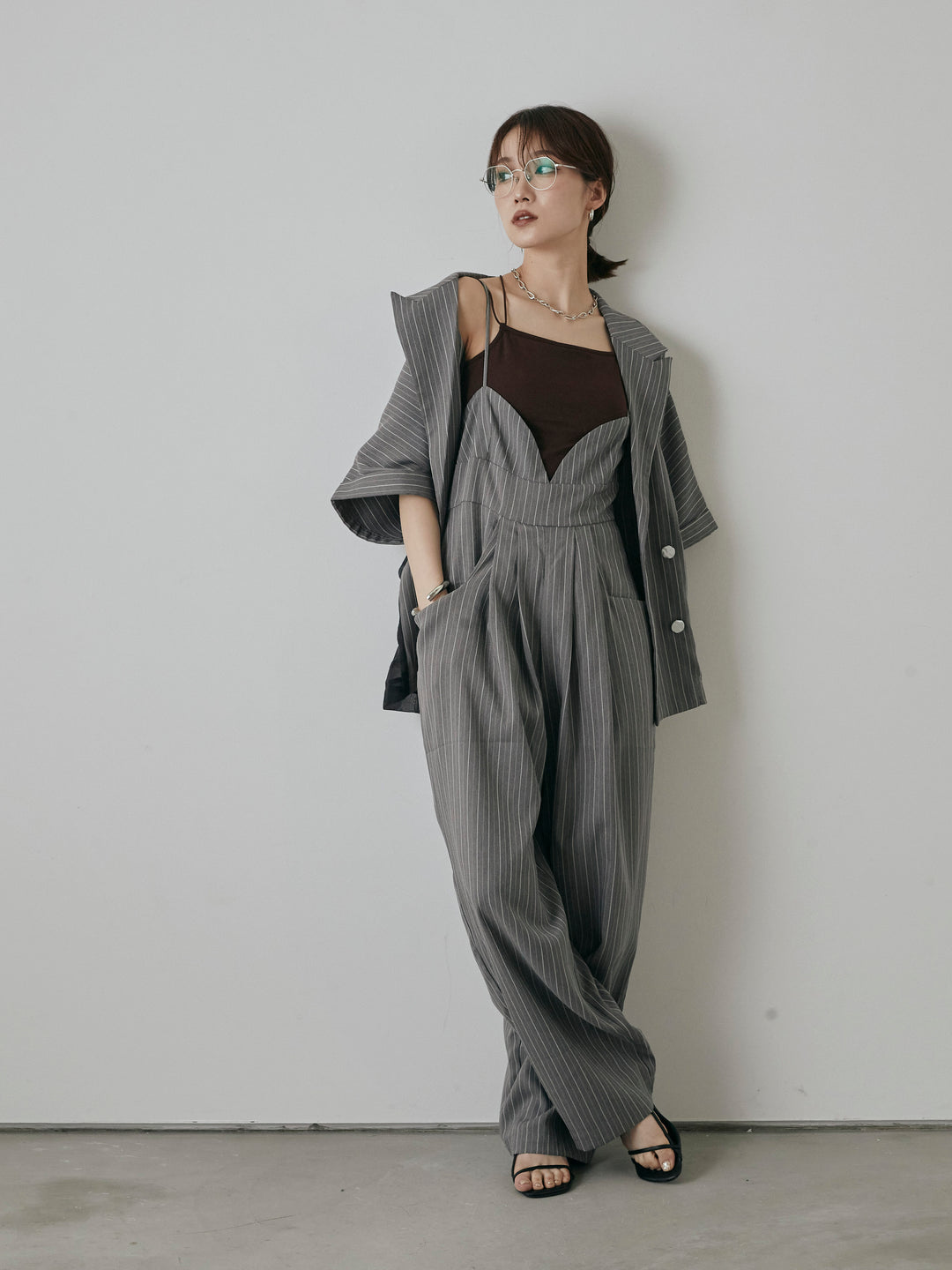 [予約]ヘリンボーンストライプサロペット/チャコール