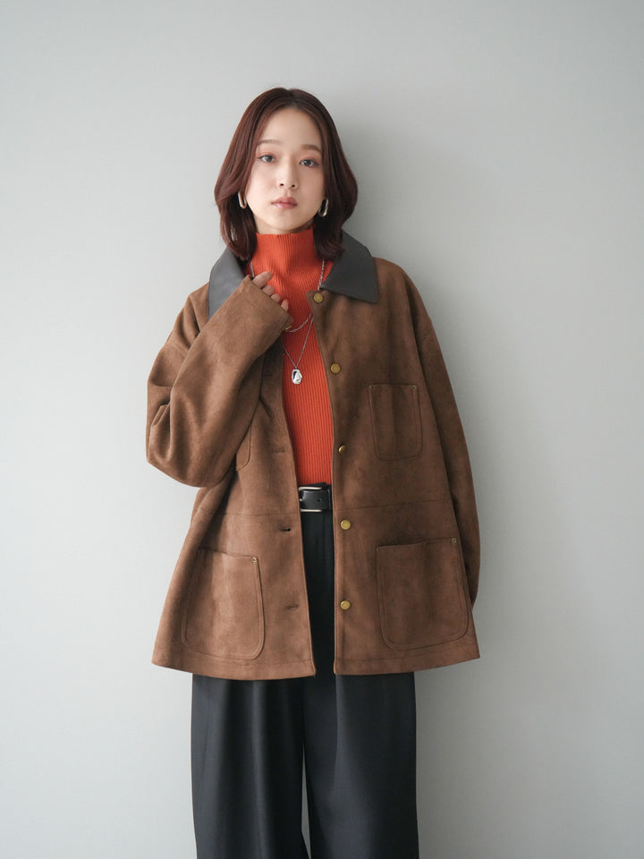 [SET]襟レザーステンカラースエードジャケット+袖ボタンボトルネックリブニットトップス+ベルトループデザインワイドパンツ(3set)