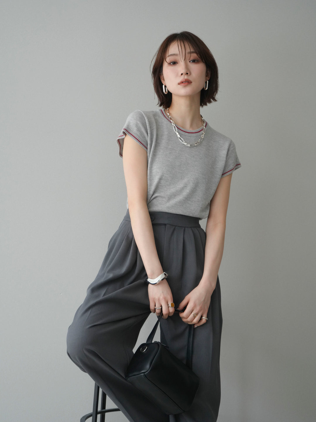 [SET]配色ハーフスリーブニットトップス+メニータックワイドパンツ(2set)