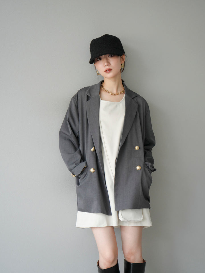 [SET]ゴールドボタンツイルダブルテーラードジャケット+ショルダーポーチ付スウェードミニワンピース(2set)