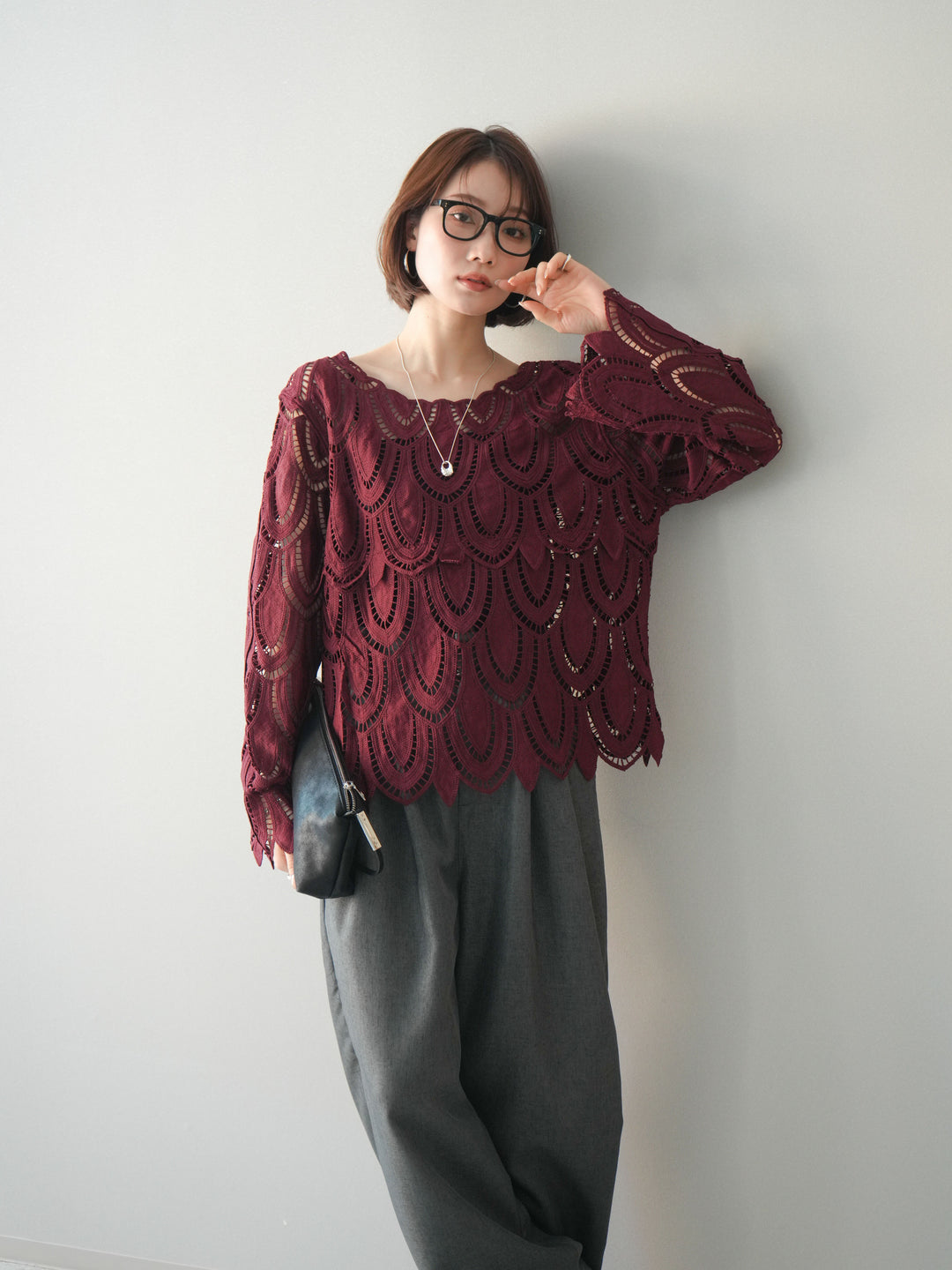 [予約]透かしコードレースブラウス/bordeaux