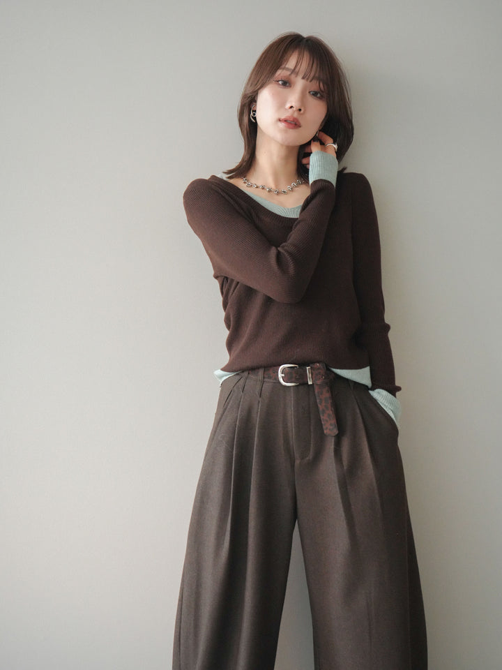 [SET]Uネック配色レイヤードリブニットトップス+アニマル柄ベルト付きウールタッチワイドパンツ(2set)