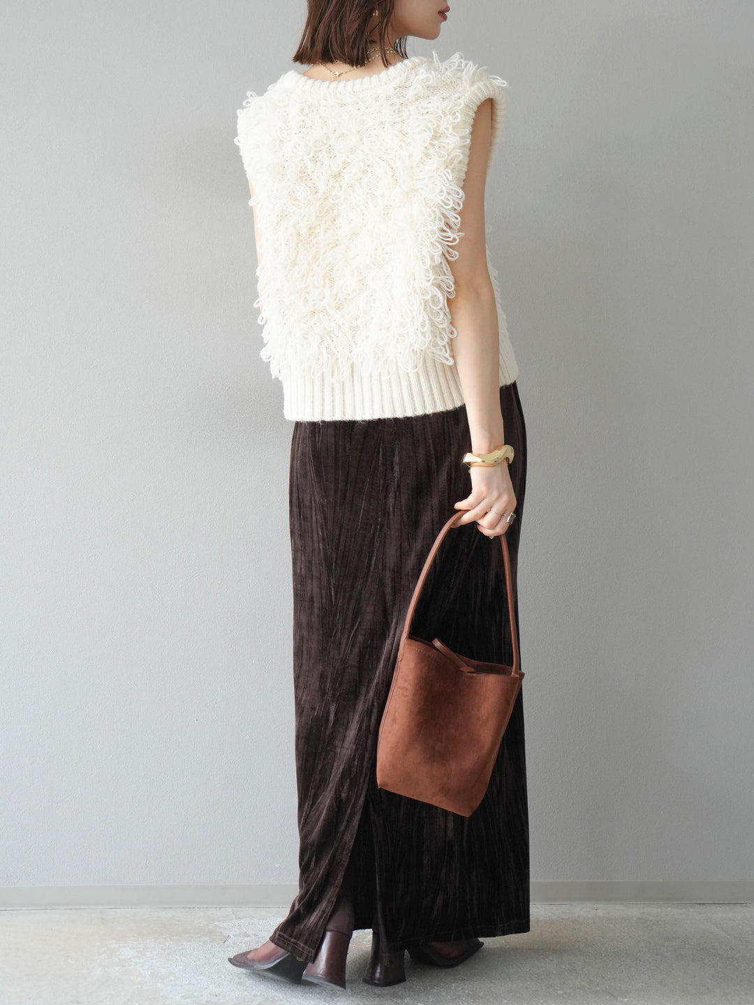 [SET]レザー襟オンブレチェックオーバーシャツ +ループデザインホックベスト +クラッシュベロアナロースカート(3set)