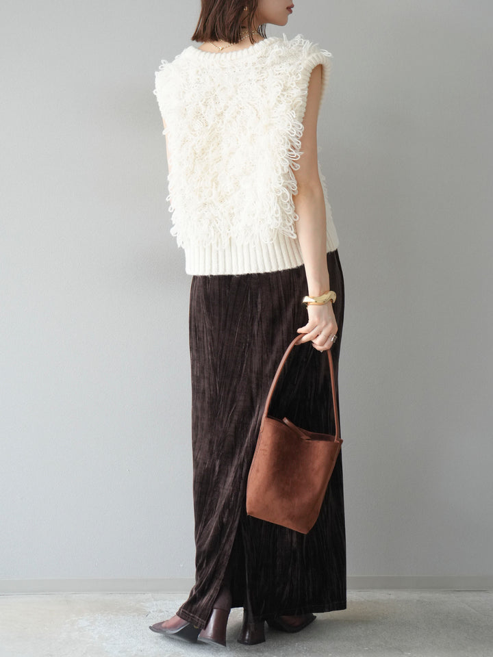 [SET]レザー襟オンブレチェックオーバーシャツ +ループデザインホックベスト +クラッシュベロアナロースカート(3set)