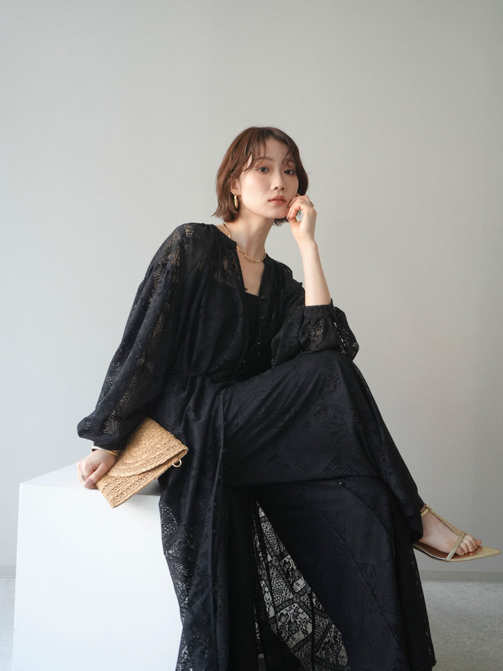 [SET]シアーレースロングガウン+シアーレースイージーパンツ(2set)