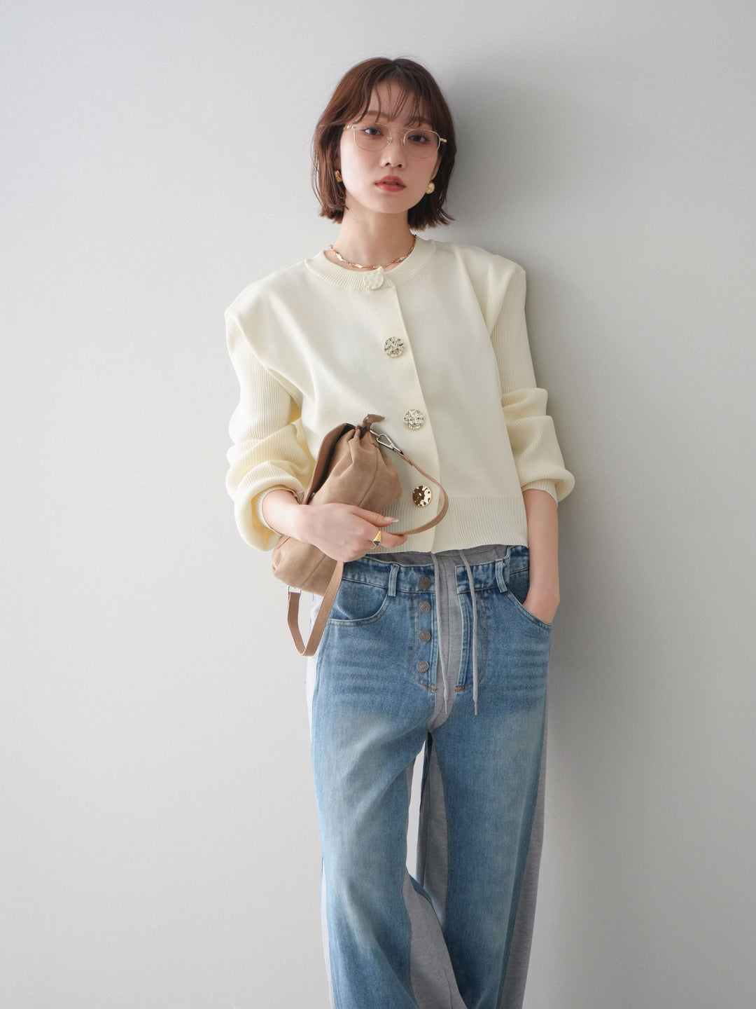 [SET]メタルボタンクルーネックニットカーディガン+選べるアクセセット(2set)