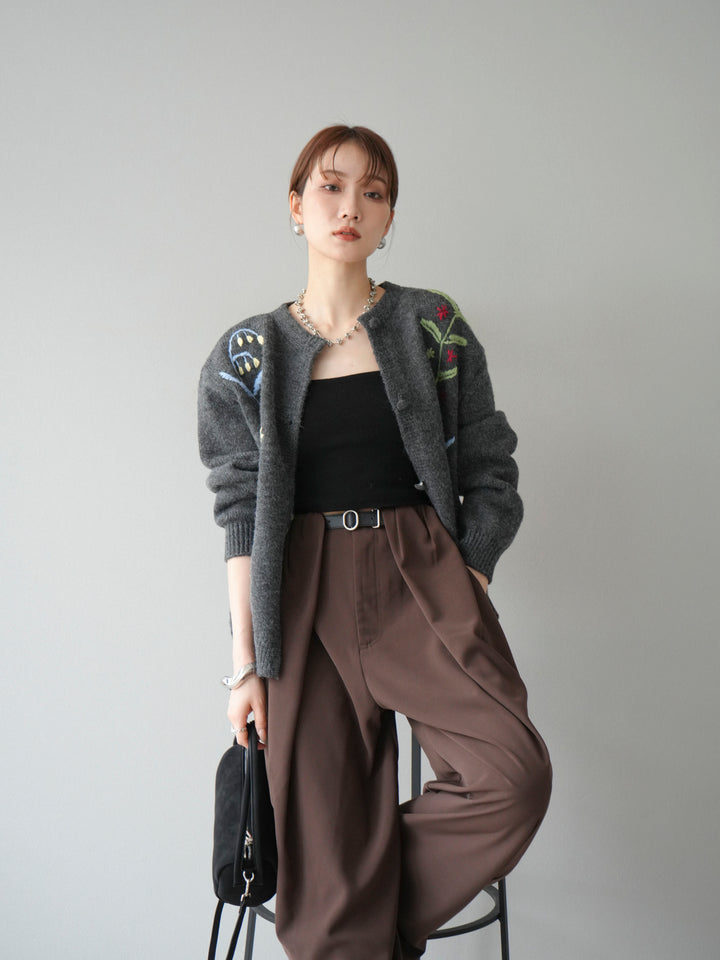 [SET]フラワー刺繍ニットカーディガン+ベルト付タックワイドパンツ(2set)