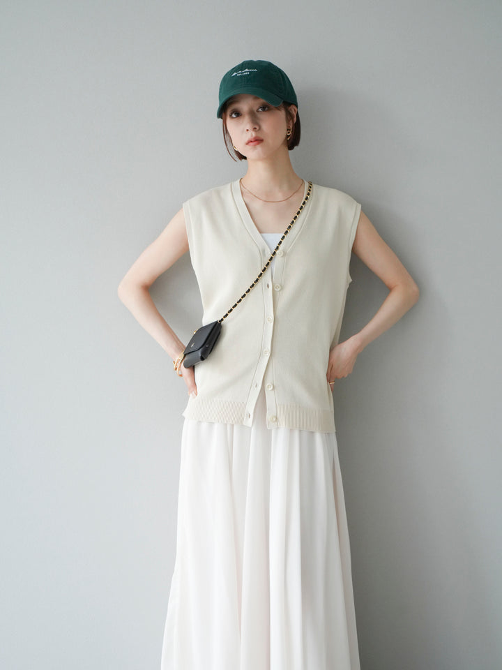 [SET] V領人造絲針織背心+雪紡喇叭裙（2件組）
