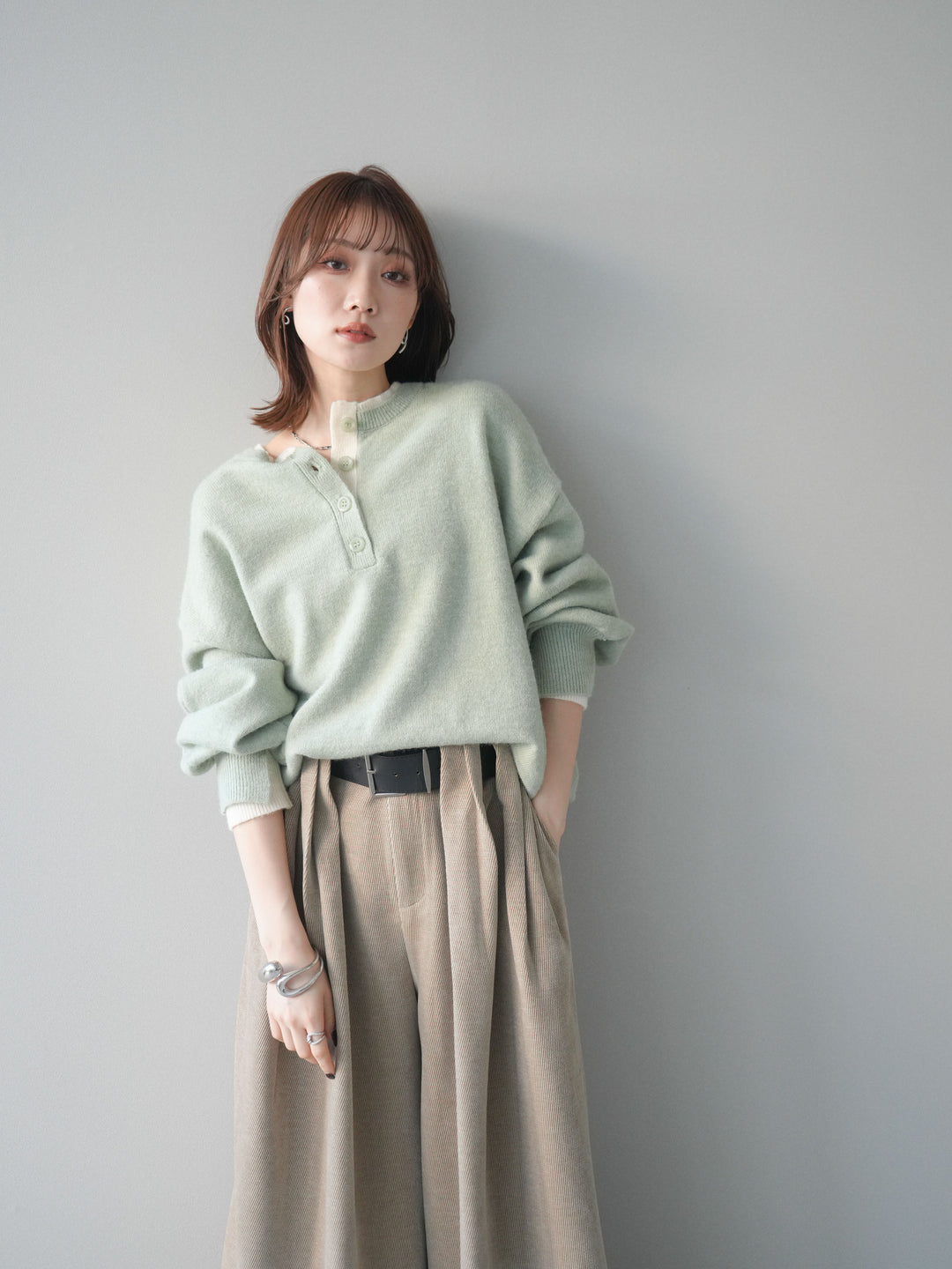 [予約]ヘンリーネック配色レイヤードニットプルオーバー/mint