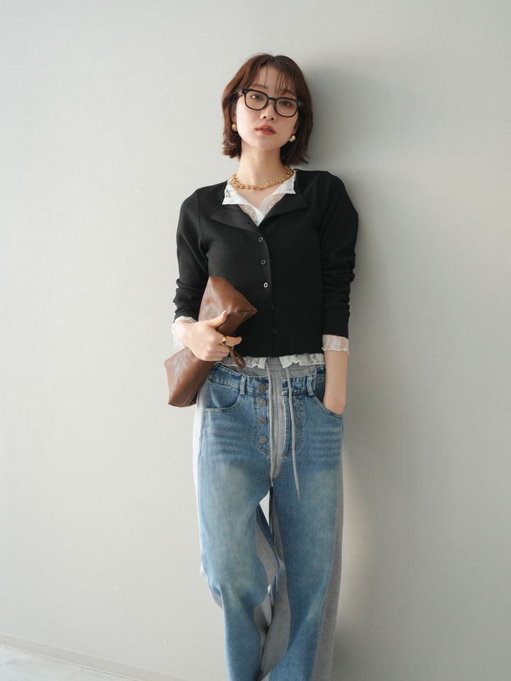 [SET]レースドッキングテレコリブカーディガン+デニム切替スウェットパンツ(2set)