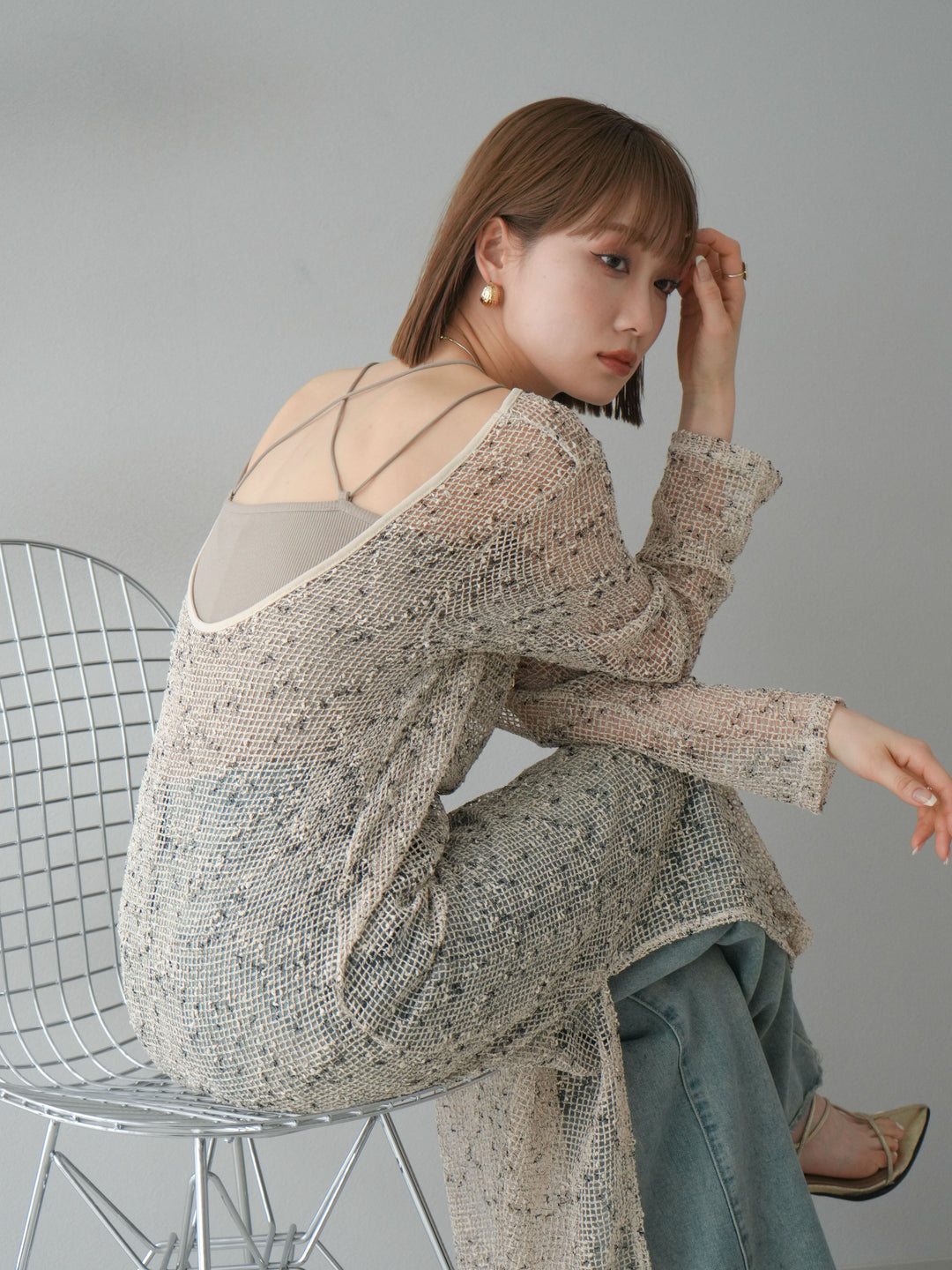 [預購] 鏤空網眼露背洋裝/象牙白