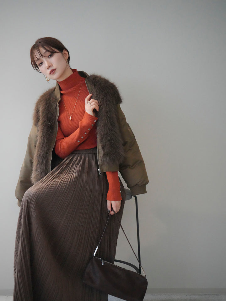 [SET]ファードッキングMA-1+袖ボタンボトルネックリブニットトップス+裾レーススウェードプリーツマキシスカート(3set)