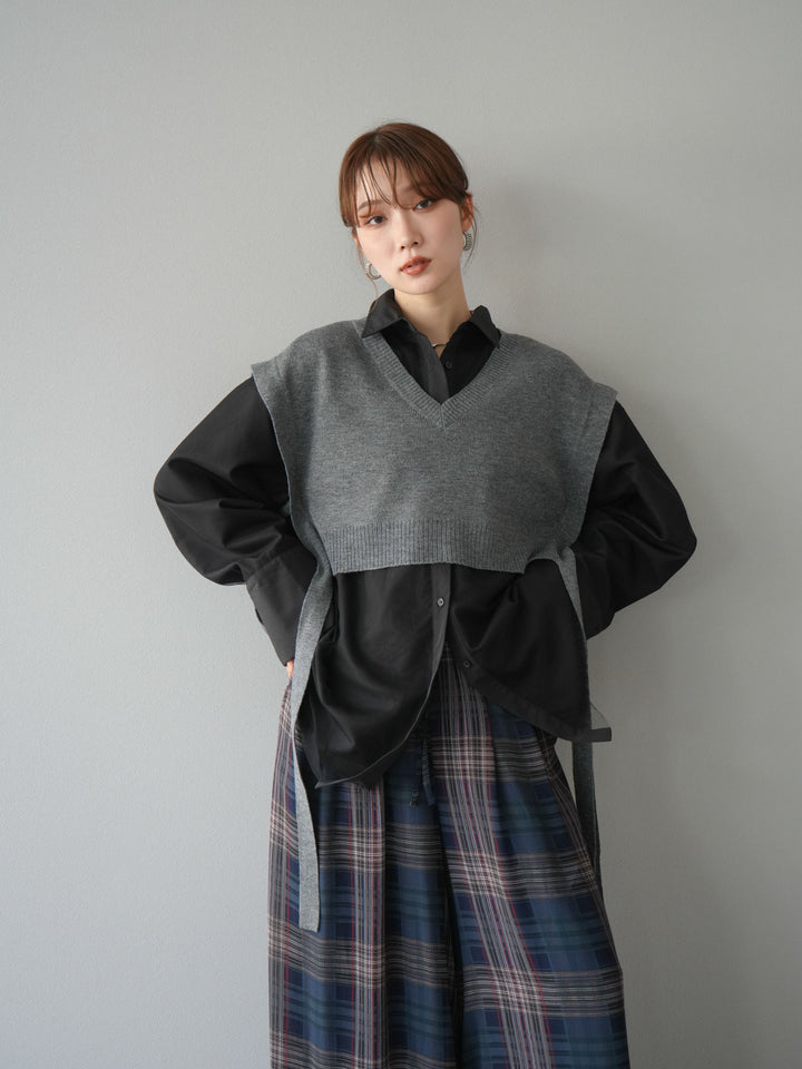 [予約]サイドリボンVネックショートニットベスト/チャコール