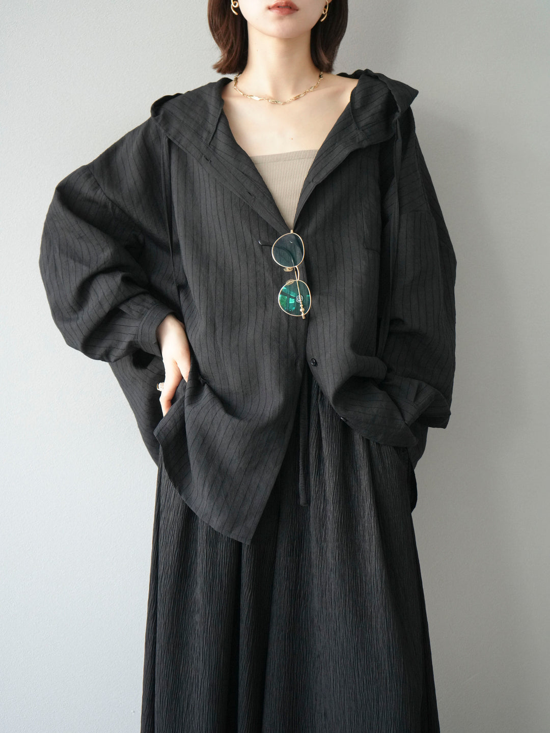 [予約]ワッシャーストライプフーディーシャツ/ブラック