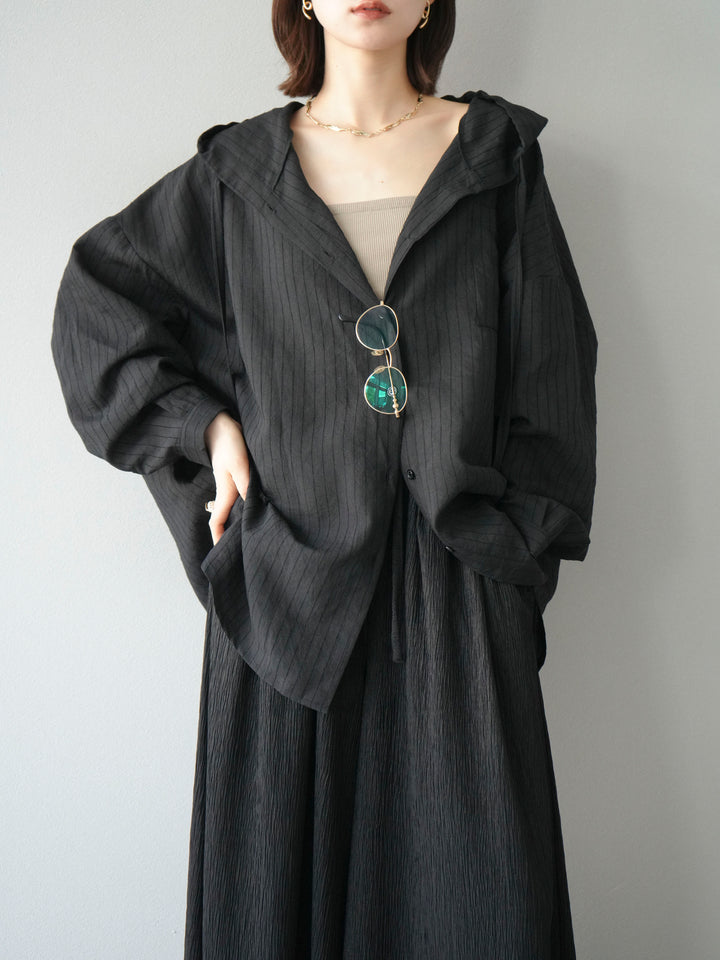 [予約]ワッシャーストライプフーディーシャツ/ブラック