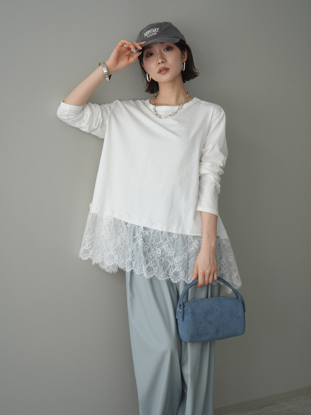 [SET]裾レースロングスリーブTシャツ+選べるアクセセット(2set)