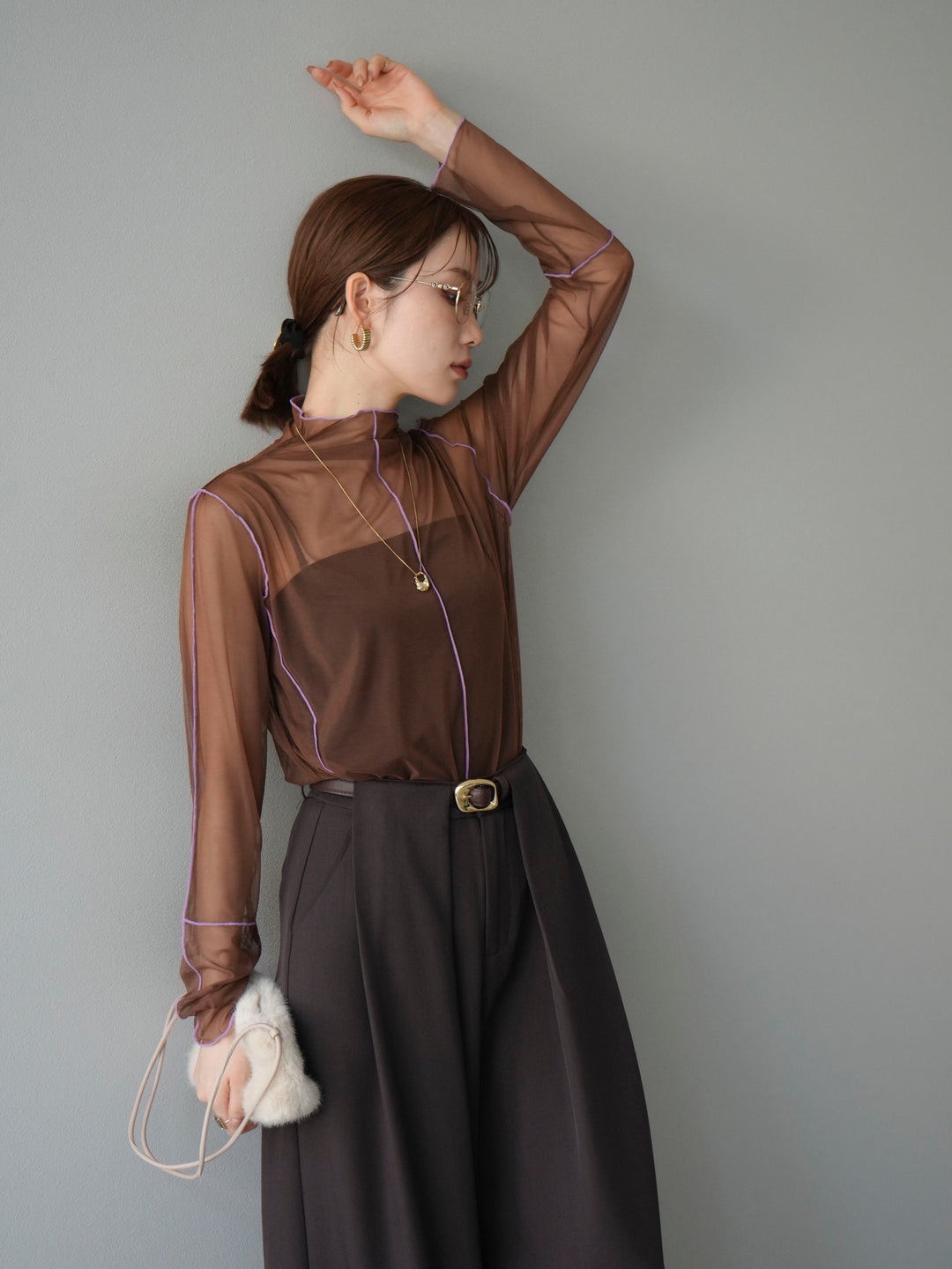 [予約]シアーパイピングカットソー/ダークブラウン×ラベンダー