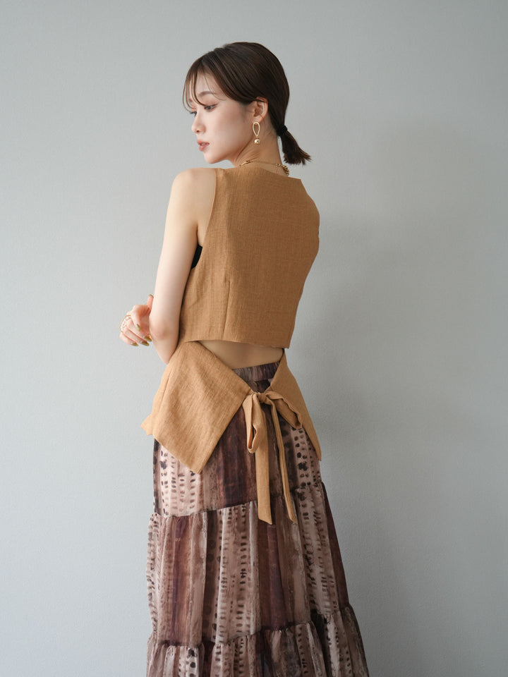 [SET]リネンタッチバックオープンベスト＆ニュアンス柄マキシスカートSET UP(2set)