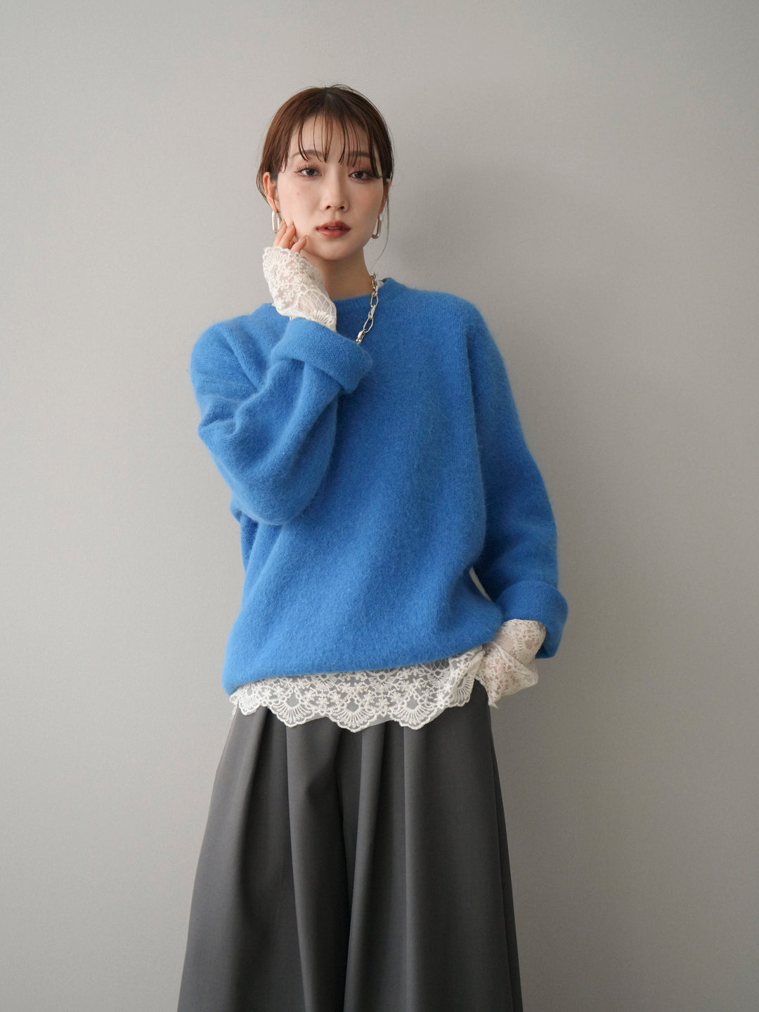 [SET]アンゴラタッチクルーネックニットプルオーバー+チュールレーストップス+テープベルトタックバギーパンツ(3set)